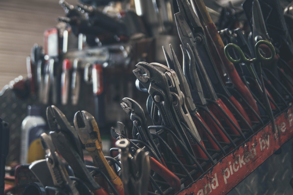 Mechanic tools organised in a workshop